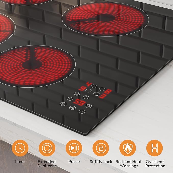 Empava 24 Inch Electric Cooktop 4 Burners with Dual-Ring Zone, Timer, Child Lock, Stop & Go, Built-in Ceramic Glass, 208~240V Hardwired