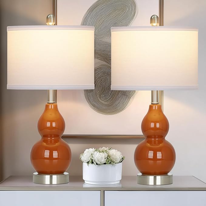 22" Modern Double Gourd Ceramic Table Lamps Set of 2, Red Bedside Lamps for Living Room, Contemporary Nightstand Desk Lamps for Bedroom End Table Home Office Decor(2 LED Bulbs Included)
