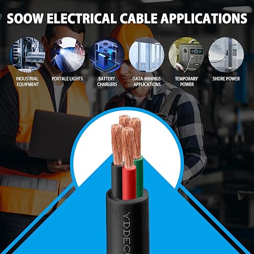 100ft 8/4 8 AWG Portable Power Cable (4 Conductor) - SOOW 600V 8 Gauge Electric Wire for Motor Leads, Portable Lights, Battery Chargers and Machinery - 4 Conductor - 100 Feet Electrical Cord