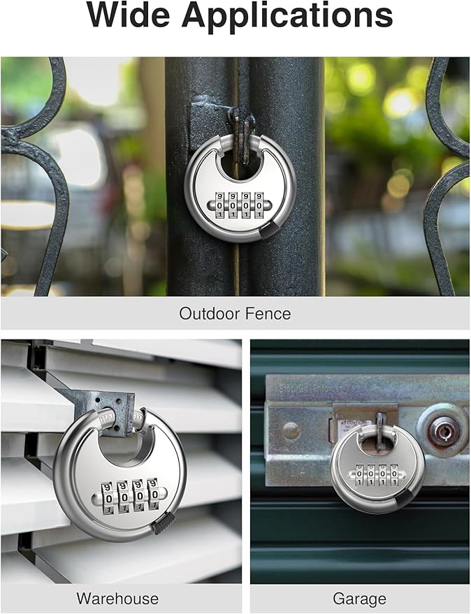 Puroma Combination Lock, Stainless Steel Disc Padlock with Hardened Steel Shackle, Keyless Heavy Duty Combo Lock for Outdoor Sheds Fence, Gate Hasps, Storage Unit, School Gym Locker (2 Pack, ‎Silver)