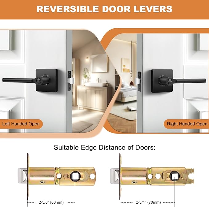 Probrico Privacy Black Door Handle Interior Lockset Heavy Duty Square Door Lever for Bedroom or Bathroom Reversible Keyless Slim Handleset Door Knob 6 Pack