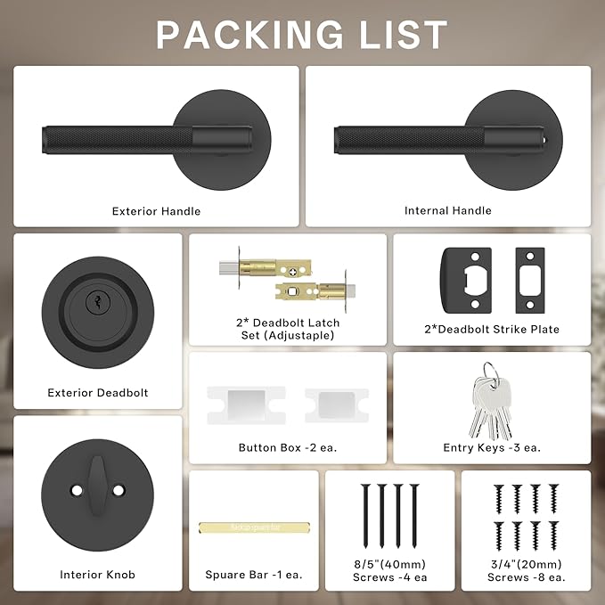 Amerdeco Front Door Lock Set with Double Cylinder Deadbolt, Black Exterior Entry Door Lever, Heavy Duty Entry Door Locksets for Left or Right Hand Exterior Door（Black 1 Pack）