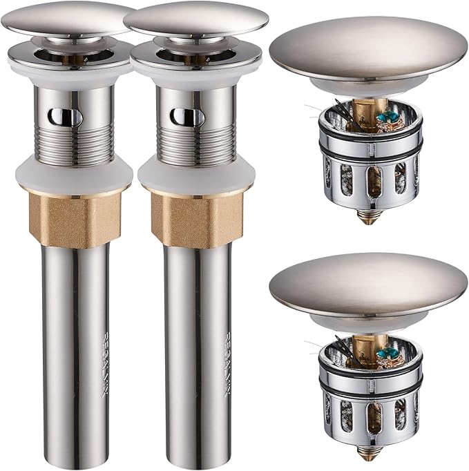Bathroom Sink Drain with Overflow, Brushed Nickel Pop Up Drain 2 Pack, All Metal Bathroom Sink Stopper for Vanity Vessel Sink, Stainless Steel and Brass, RM083J-P2