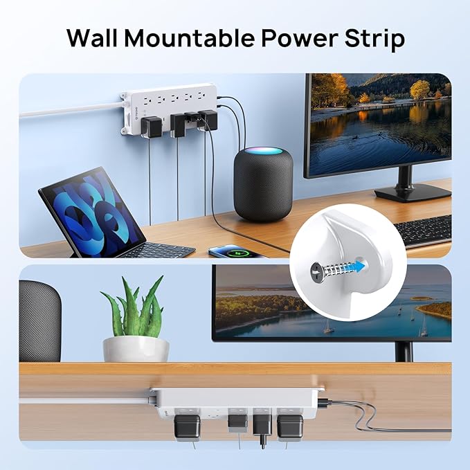 TROND Surge Protector Power Strip, Flat Plug 15ft Long Extension Cord, 10 Widely Spaced AC Outlets, 2 USB A & 2 USB C Ports, 4000J, ETL Listed, Wall Mountable, for Home Office Entertainment, White