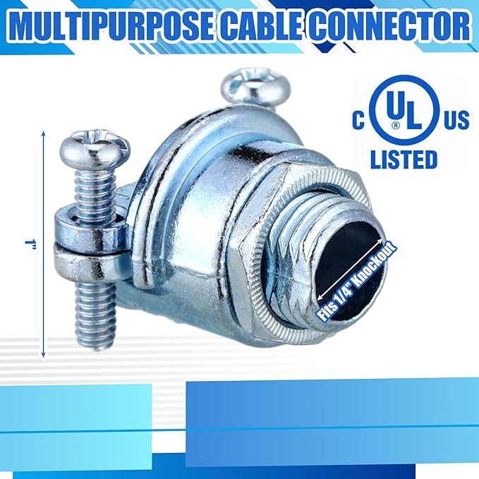 20 Pcs Nm Clamp Type Cable Connectors 1/4 Inch Metal Electrical Box Connectors Wire Clamps for Metallic Conduit Protect Cables Silver, Zinc Alloy