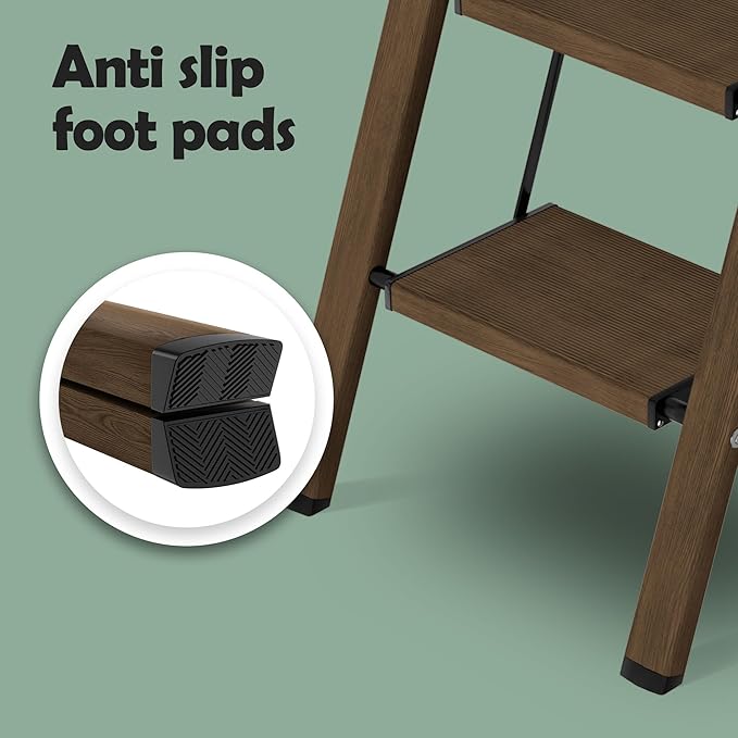 Taranta 4 Step Ladder,Aluminum Lightweight Folding 4 Step Stool with Anti-Slip Wide Pedal,330lbs Capacity Step Ladder for Household,Kitchen,Office - Walnut