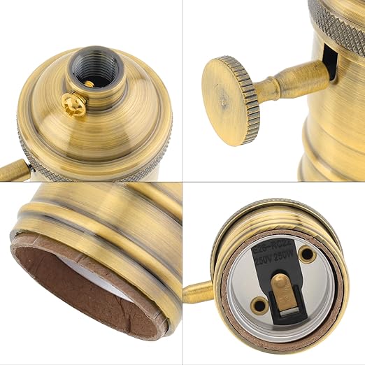 RTNLIT Brass Lamp Socket, Vintage Edison E26/E27 Bulb Light Socket with On/Off Knob Switch(Gold)