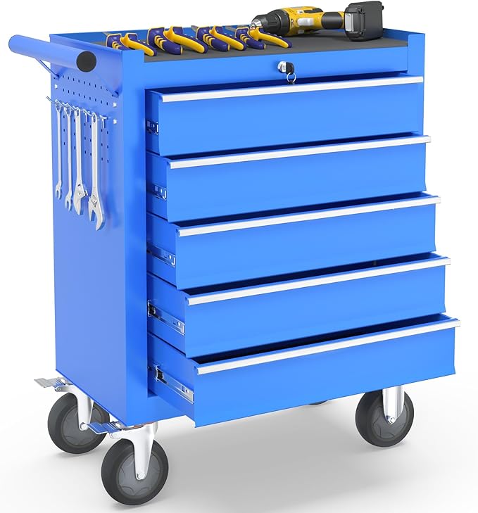 5-Drawer Rolling Tool Chest Toolbox, Rolling Tool Box with Wheels, Tool Chest with Keyed Locking System and Drawer Liners, Tool Box Organizer for Garage, Warehouse, Workshop(Blue)