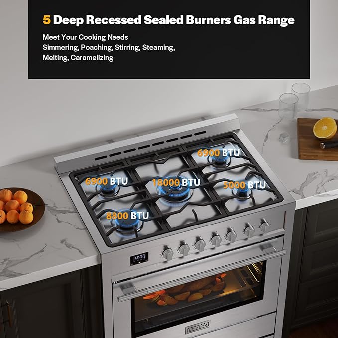 Empava Gas Range, 4.3 Cu. Ft Convection Oven with Touch Timer, 5 Deep Recessed Burners Cooktop, Heavy Duty Continuous Grates in Stainless Steel, Freestanding & Slide-in Stove,36 Inch