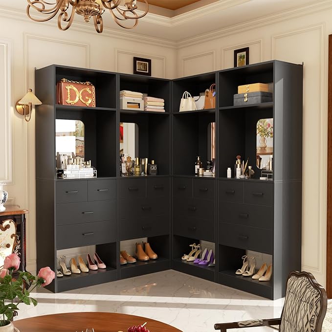 Unikito 100 Inch Closet System with Drawers, 8FT Sturdy Closets Organizer with Storage Shelves and Mirror Design, Freestanding Wood Walk in Closet Towers, Easy Assembly, Max Load 2000 LBS, Black