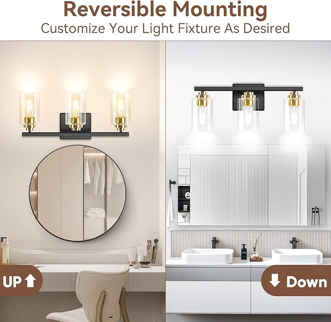 3-Light Bathroom Light Fixtures, 19" Modern Vanity Lights Over Mirror with Clear Glass Shades, Black & Gold Light Fixture, Classic Wall Light Fixture for Mirror Living Room Cabinet Bedroom Porch