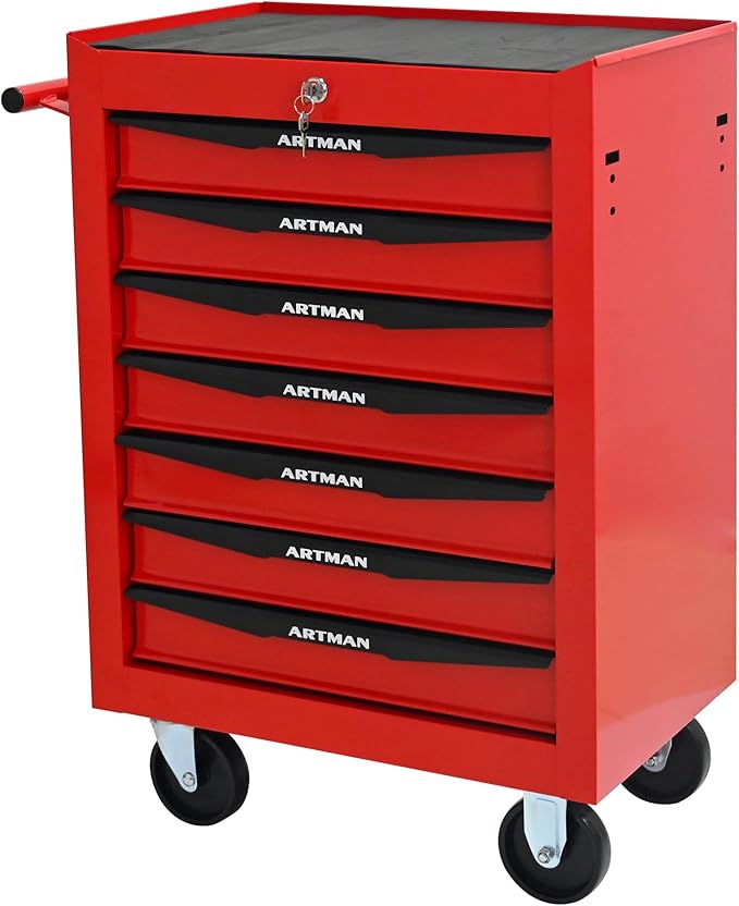 7 Drawers Rolling Tool Box on Wheels, Multifunctional Tool Chest Cabinet with Lock, Drawers Rolling Tool Cart Trolley Organizer Tool Storage Case for Warehouse,Garage,Workshop (Red)