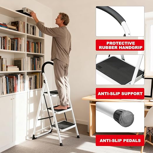 Big RED 3 Step Ladder, Folding Step Stool with Anti-Slip Pedal, Step Ladder 3 Step Folding with Padded Handle for Kitchen, Household, Offices. 400 lb Capacity