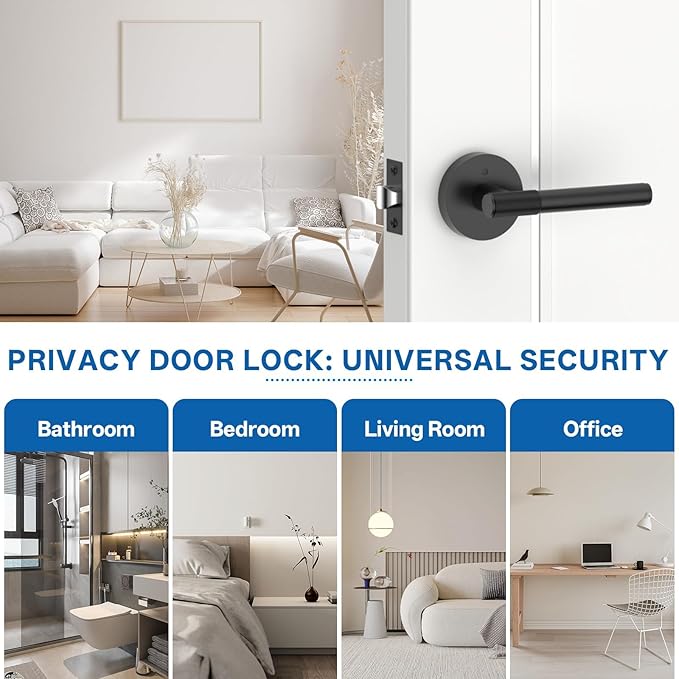 Amerdeco 10 Pack Matte Black Door Handles Interior,Knurled Privacy Door Handles with Lock,Heavy Duty Black Door Lever for Bedroom or Bathroom,Reversible Keyless for Left Right Handed Doors AM0027