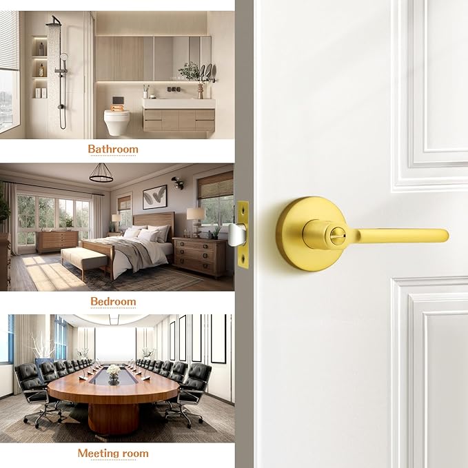 Probrico Gold Door Lever Privacy Door Handle Brushed Gold Door Handles Interior for Bed Bath, Keyless Door Handle Wave Style, 1 Pack