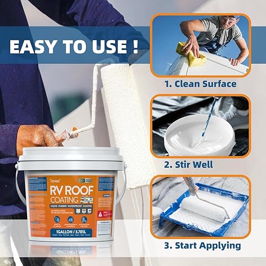 1 Gallon RV Roof Coating White with Brush, Towel, Solar Reflective Sealant for Easy Insulation & Leak Repair, Liquid Flexible Rubber Camper RV Roof Sealant for Metal Building, Trailer, Motorhome