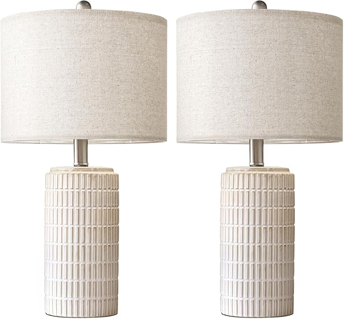 PoKat 24" Modern Ceramic Table Lamps Set of 2 for Bedroom, White Bedside Lamps for Night Stands, Farmhouse Desk Decor Nightstand Table Lamps for Living Room End Table Beige