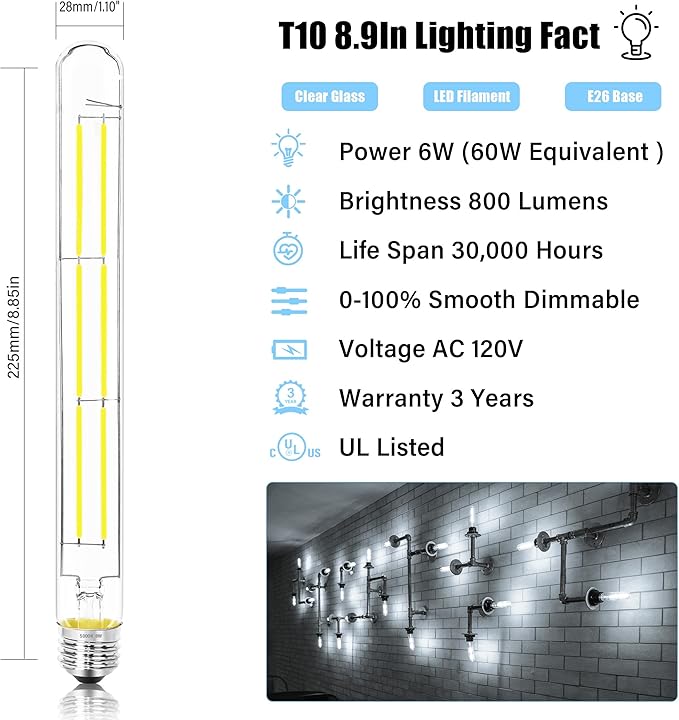 8.9IN LED Light Bulbs E26 Base, 6W 800LM 5000K Daylight White T10 T9 Vintage Edison Bulbs Dimmable, AC 120V Equal 80 Watt Clear Glass Long Tubular Filament Bulb, UL Listed - 4Pack