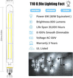 8.9IN LED Light Bulbs E26 Base, 6W 800LM 5000K Daylight White T10 T9 Vintage Edison Bulbs Dimmable, AC 120V Equal 80 Watt Clear Glass Long Tubular Filament Bulb, UL Listed - 2Pack