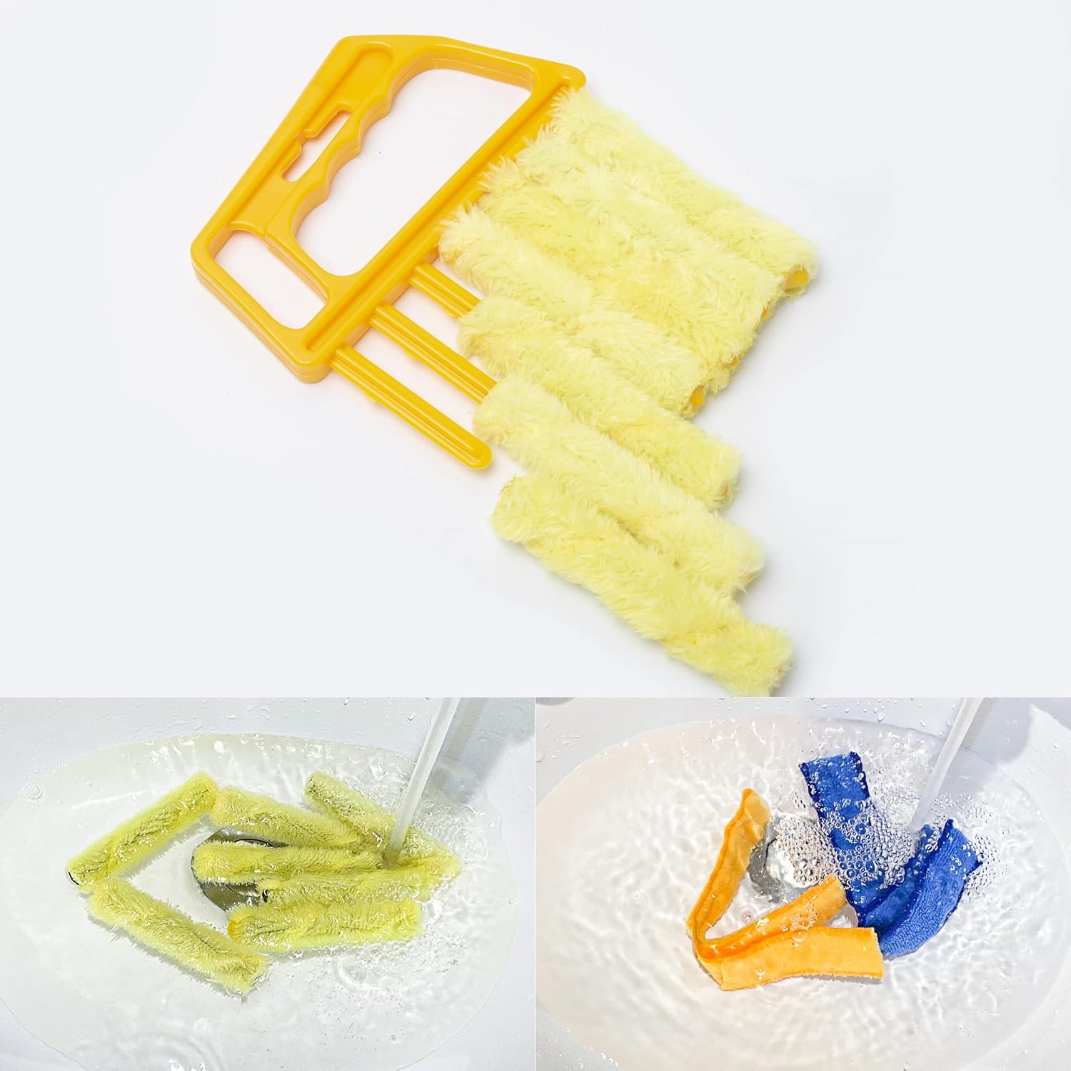 2Pcs Window Venetian 7 Finger Blind Cleaner Duster Tool and 2Pcs dust-Removing Brushes（Orange,Yellow, Blue）