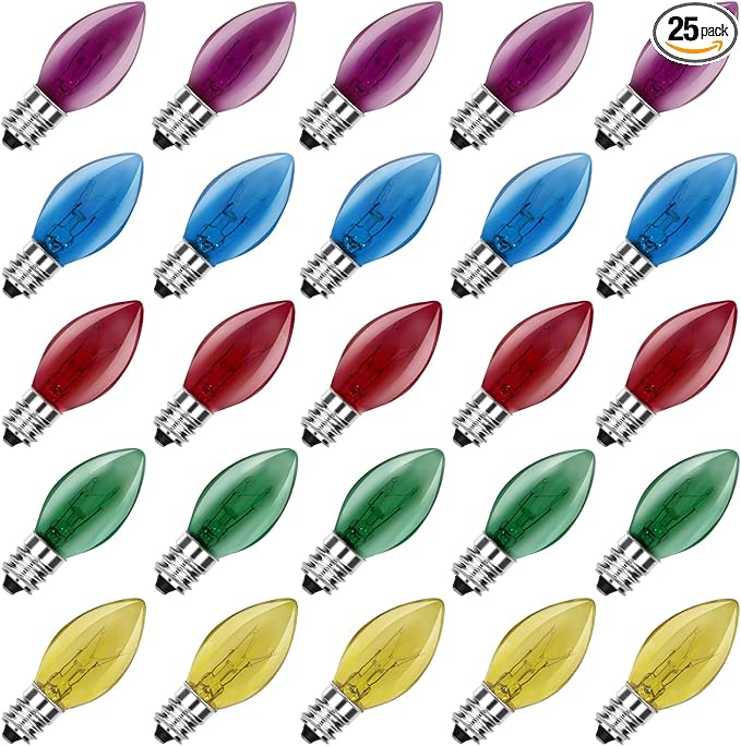 SUNSGNE C7 Multicolor Christmas Replacement Bulbs, Clear Multicolor Incandescent Light Bulbs for C7 Outdoor Patio Christmas String Lights, E12 Candelabra Base, 5 Watt, 25 Pack