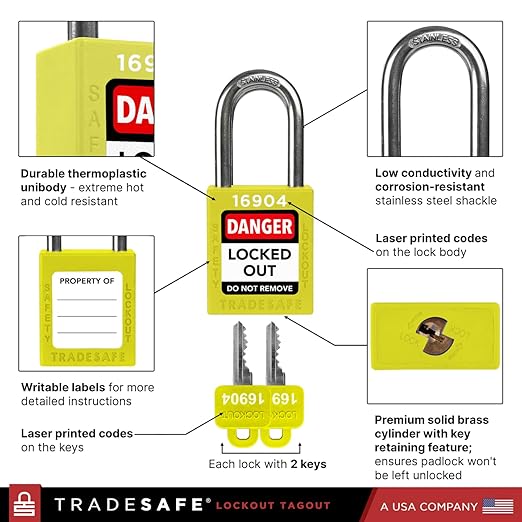 TRADESAFE Lockout Tagout Locks Set - 7 Yellow Loto Locks, Lockout Locks Keyed Different, 2 Keys Per Lock, OSHA Compliant Lock Out Tag Out Padlocks, Safety Padlocks for Electrical Lockout Tag Out Kits