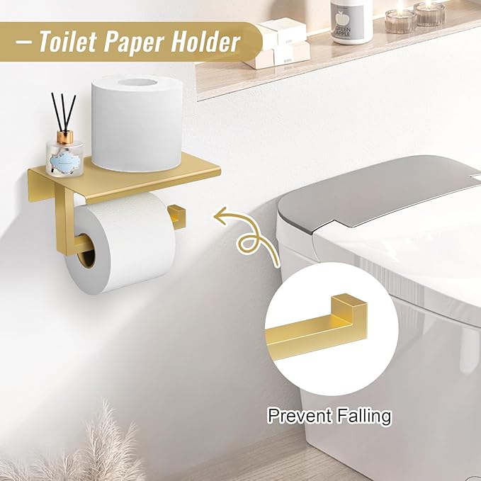 YACVCL Brushed Gold Bathroom Hardware Accessorie Set 23.6 Inch Towel Bar Set 5-Pieces Towel Rack&Holder Set for Bathroom,Upgraded Toilet Paper Holder with Shelf,Stainless Steel Wall-Mounted