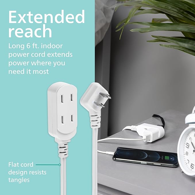 Philips 2-Pack Indoor Extension Cord Power Strip 6 ft, Flat Plug with Multiple Outlets, 2 Prong, White, ETL Listed, SPS3535W/37