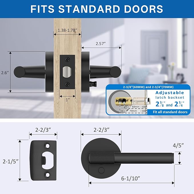 Amerdeco 10 Pack Matte Black Door Handles Interior,Knurled Privacy Door Handles with Lock,Heavy Duty Black Door Lever for Bedroom or Bathroom,Reversible Keyless for Left Right Handed Doors AM0027