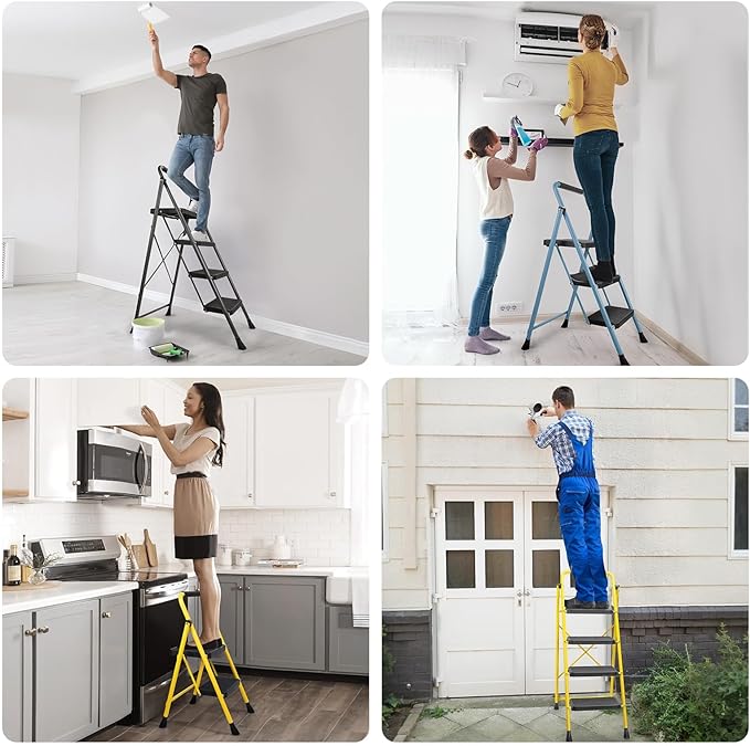 TICONN 4 Step Ladder, Heavy Duty Foldable Step Stool, Portable Steel Folding Stool for Household Garage Storage (Black)