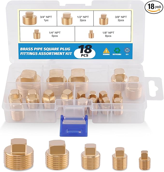 18PCS Brass Pipe Fitting,1/8" 1/4" 3/8" 1/2" 3/4" NPT Male Square Head Plug Brass Cored Plugs Fittings for Boat,Gas,Drain Plug