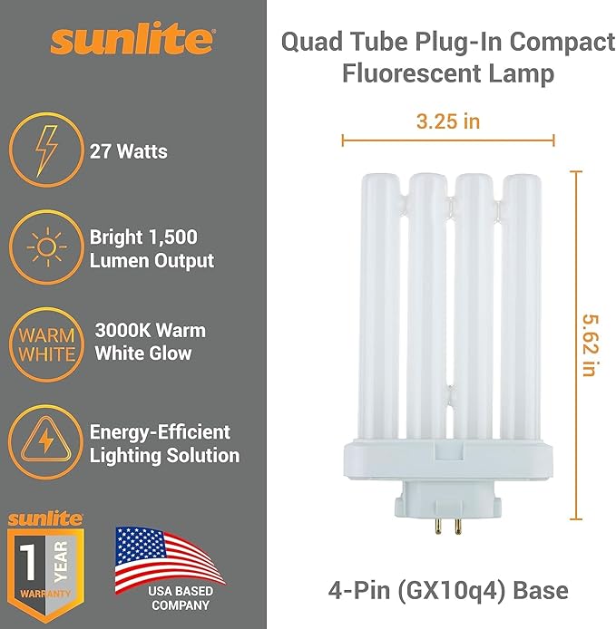Sunlite FML27/30K Quad Tube Plug-in Compact Fluorescent Light Bulb, FML 4-Pin, 27 Watts, 1500 Lumens, 3000K Warm White, 4-Pin (GX10q4) Base, 120 Volts, 1 Pack