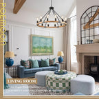 31.5'' 12 Lights Wooden Wagon Wheel Chandelier Natural Farmhouse Wood Round Chandelier Black Rustic Light Fixture for Living Dining Room Entryway Foyer Kitchen