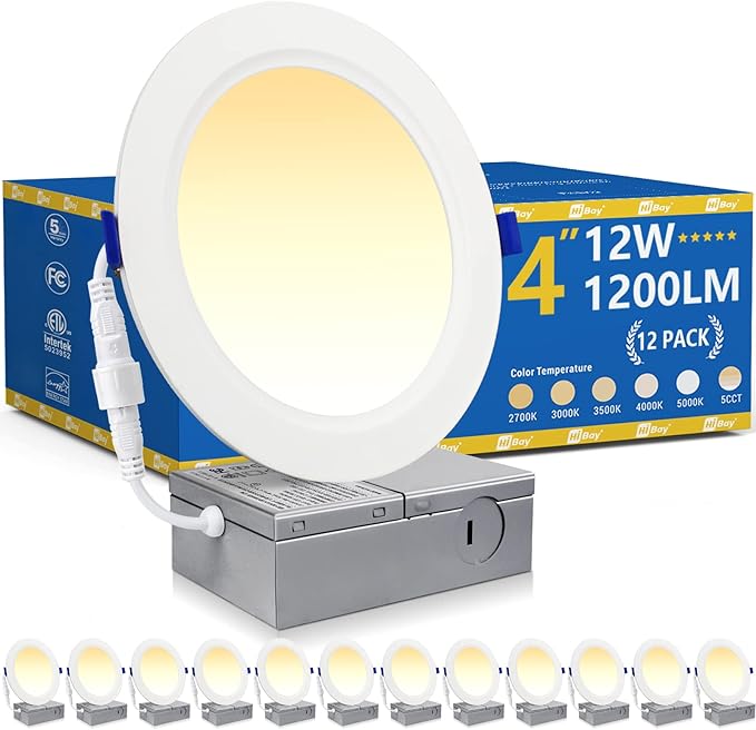HiBay 12 Pack Canless LED Recessed Ceiling Lights 4 Inch, 1200LM 12W=150W, 3000K Warm White Wafer Downlights, Dimmable Ultra-Thin Recessed Can Lighting Fixtures - ETL and Energy Star Certified
