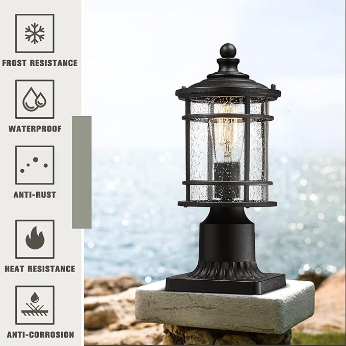 Emliviar Outdoor Post Lights 2 Pack - 12.5 Inch Modern Farmhouse Post Lamps with Seeded Glass in Black Finish, XE229P-S-2PK BK