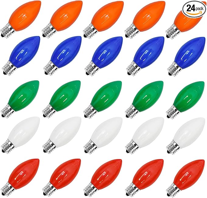 25 Pack C7 Multicolor Christmas Replacement Lights Bulbs, Ceramic Bulbs for Night Light Christmas Outdoor Patio Indoor String Lights, C7/E12 Candelabra Base, 5 Watt- Multicolor