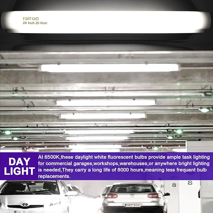 T12 Fluorescent Tube Light Bulb 20 Watt Daylight, F20T12/D Replacement for 79042 F20T12/SUN/ECO F20T12/D/ECO 273284 F20T12/D/ALTO 1100 Lumen G13 Base, 24 Inch 4 Count