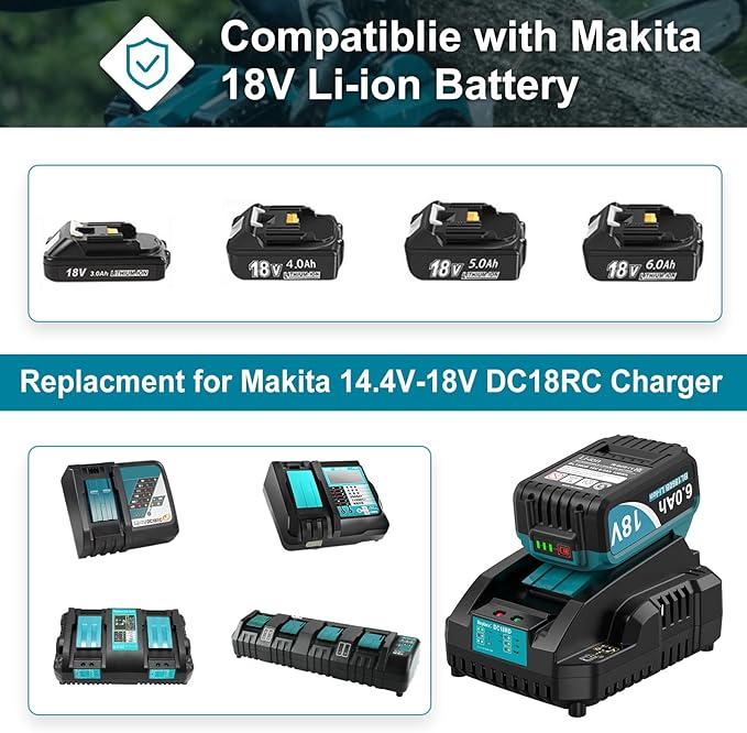 6000mAh 18V Battery Replacement for Makita 18V Battery and Charger DC18RC, Compatible with Makita LXT 18 Volt Batteries Lithium Ion BL1850 BL1840 BL1830 BL1820 BL1815 Cordless Power Tools (Blue)
