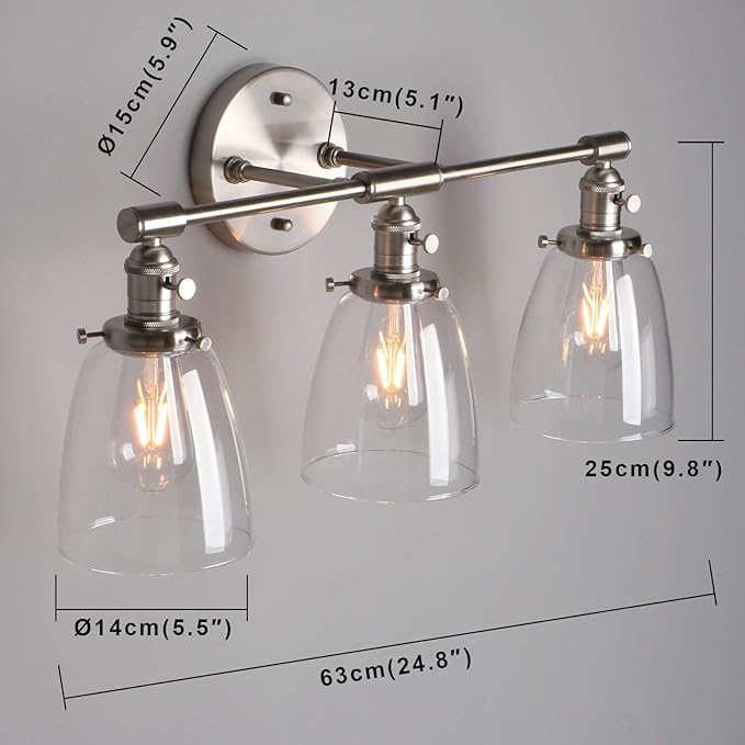 Phansthy 3-Light Wall Sconces Antique Brass Vanity Light, Industrial Wall Lamps with On Off Switch and Clear Glass Lampshade, Vintage Wall Lighting for Bathroom Living Room (Brushed, Bell Shade)