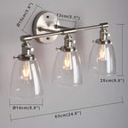 Phansthy 3-Light Wall Sconces Antique Brass Vanity Light, Industrial Wall Lamps with On Off Switch and Clear Glass Lampshade, Vintage Wall Lighting for Bathroom Living Room (Brushed, Bell Shade)