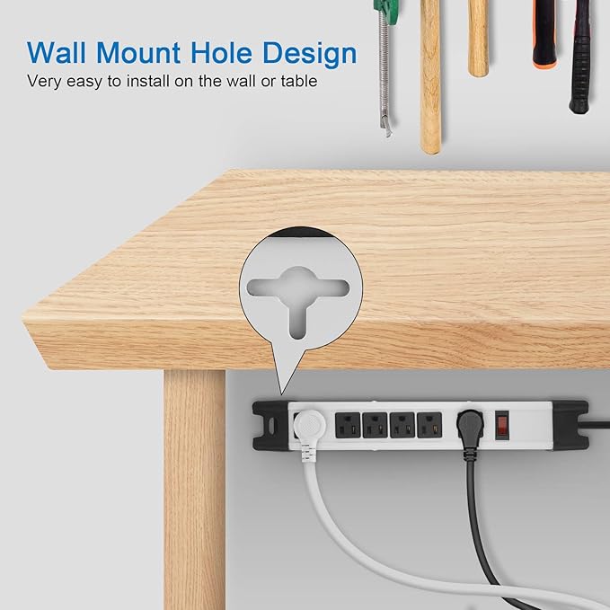 Heavy Duty Power Strip Surge Protector - 6 Outlet Industrial Strip with 15A, 25 FT Cord, 1200 Joules - ETL Listed Grey Metal for Shop, Workshop, Garden