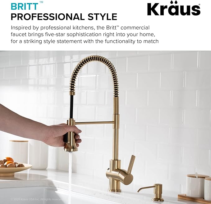 KRAUS Britt Commercial Style Pre-Rinse Kitchen Faucet with Deck Plate in Brushed Gold, KPF-1690BG