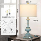 Farmhouse Table Lamps Set of 2, Rustic Touch Control Bedside Lamps with 2 USB Ports & AC Outlet, Vintage Resin 3-Way Dimmable Nightstand Lamp Linen Fabric Shade for Living Room Bedroom Decor Blue