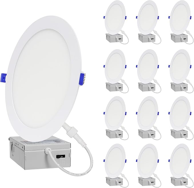 LAMPHOME 12-Pack of 8-Inch Slim LED Recessed Lights with Junction Box, Adjustable Color Temperatures (2700K-5000K), 18W Equivalent to 125W, Dimmable, 1600LM Brightness - ETL and Energy Star Certified