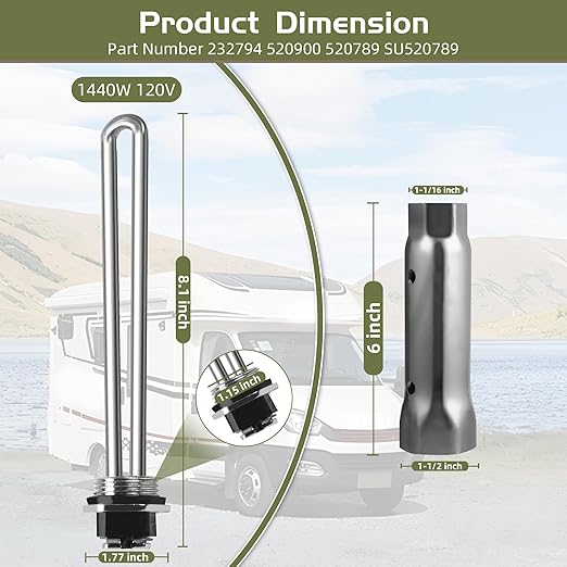 520900 RV Water Heater Element for Suburban RV SW Series Electric Water Heater, Replacement of 232794 520789 SU520789 Heating Element, Screw-in Gasket 1440W 120V with Wrench Socket