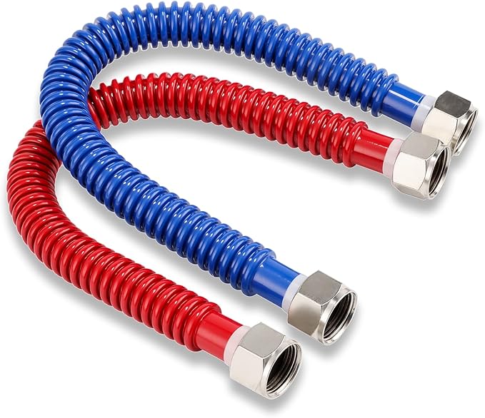 Stainless Steel Corrugated Water Heater Connector, 24-Inch, 1" FIP* 1" FIP red and blue color Corrugated Water flexible hose, Leak-Proof, 10-Year Warranty, 2-pack