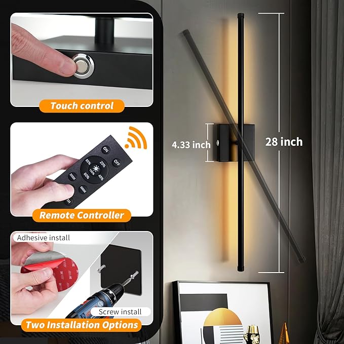 Wall Sconces Set of Two Battery Operated, Cordless Rechargeable Wall Sconces with Remote Control, Dimmable, 360°, 28 Inch, 3 Color, 3000K-6000K, Wall Light for Bedroom, Living Room, Hallway