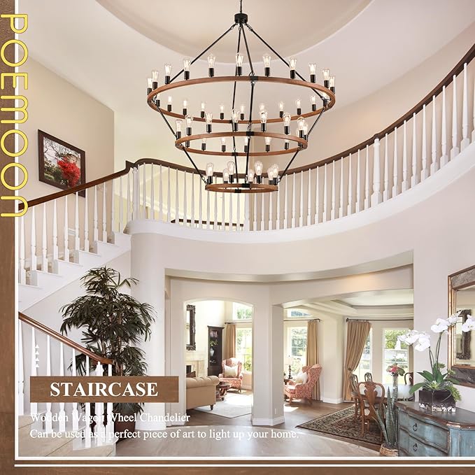Extra Large 63'' Wooden Wagon Wheel Chandelier Farmhouse 3 Tier 48 Lights Black Rustic Round Wood Pendant Light Fixture for High Ceiling Living Dining Room Foyer Villa Staircases