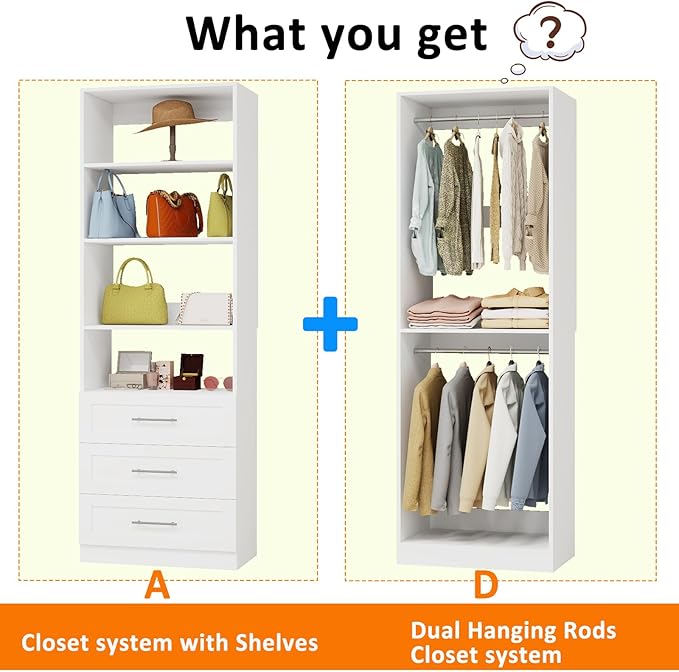 Closet System with 3 Drawers, 4FT Wood Closet Organizer System with 4 Hanging Rods&Adjustable Shevles, 81"Tall Modular Walk In Closet System, Standalone Closet System System, 2 Set,White