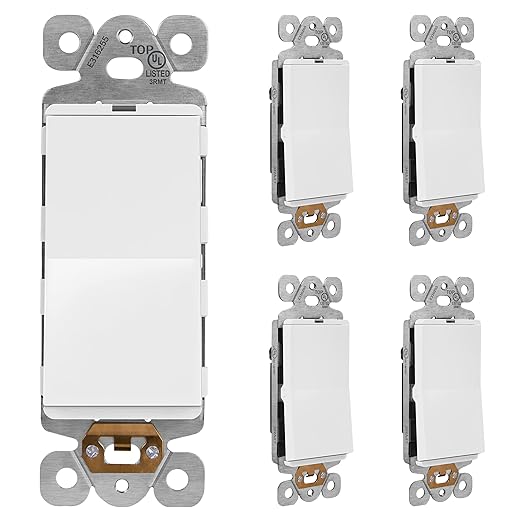 LIDER Minimalist Design Matte Finish Lighted Decorator Switch, Frameless Paddle Light Switch with Locator Light, Grounding Screw, 15A 125V, UL Listed, LS15-1P-W5P, White, 5 Pack